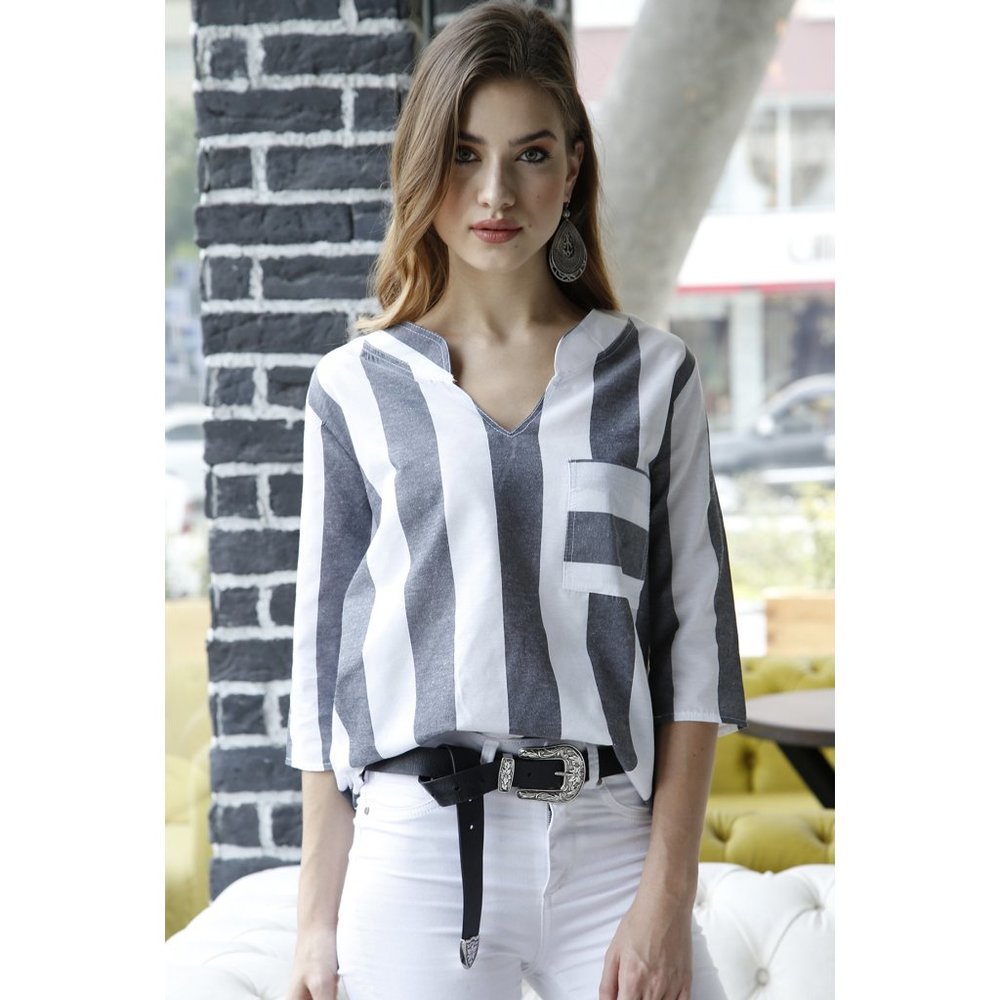 Bambina Mia - Gray & White Stripe Notch Neck Top - Picture 3 of 4